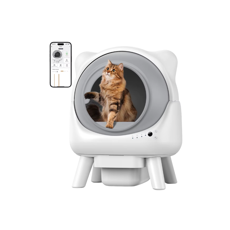 Bac à litière automatique fermé en coloris blanc avec un chat à l’intérieur
