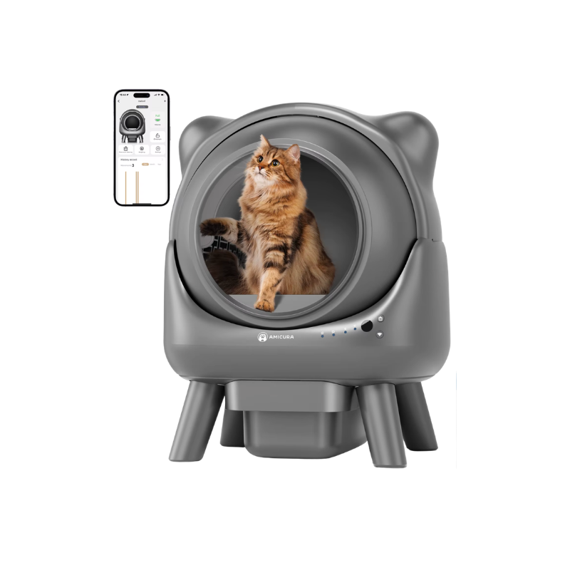 Bac à litière automatique fermé en coloris gris avec un chat à l’intérieur