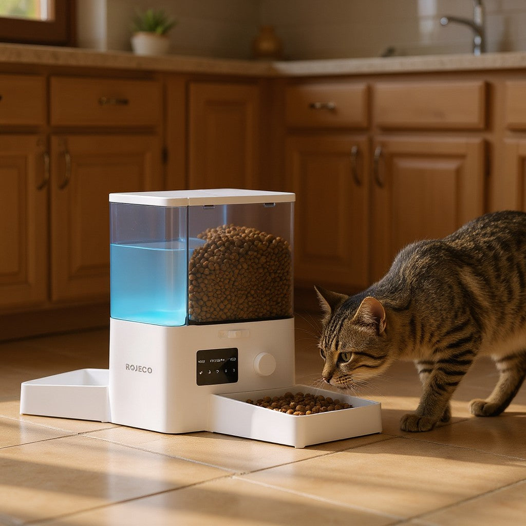 Chat s’approchant du distributeur 2-en-1 installé dans une cuisine