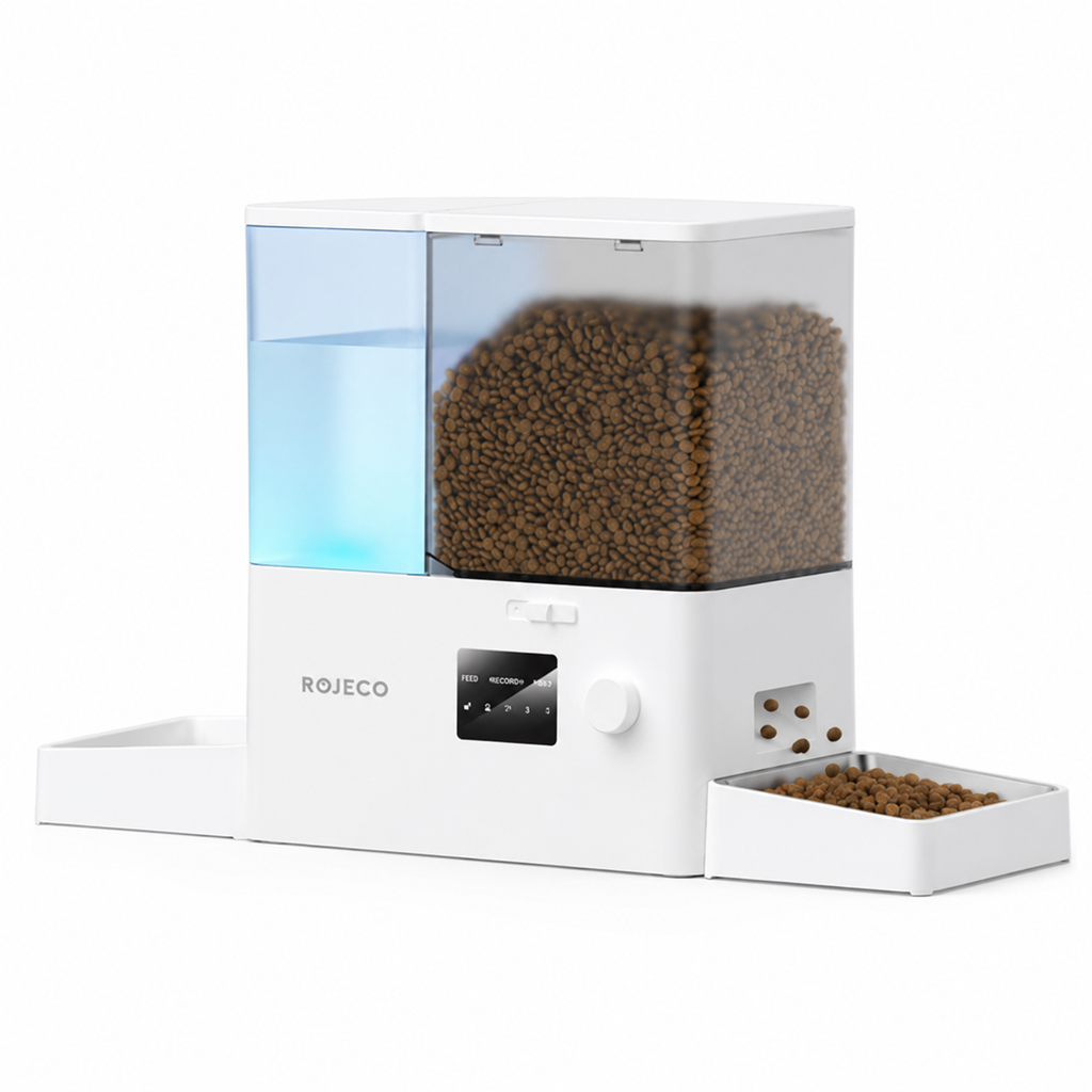 Distributeur 2-en-1 pour chat avec réservoir de croquettes et bac à eau, vue de face