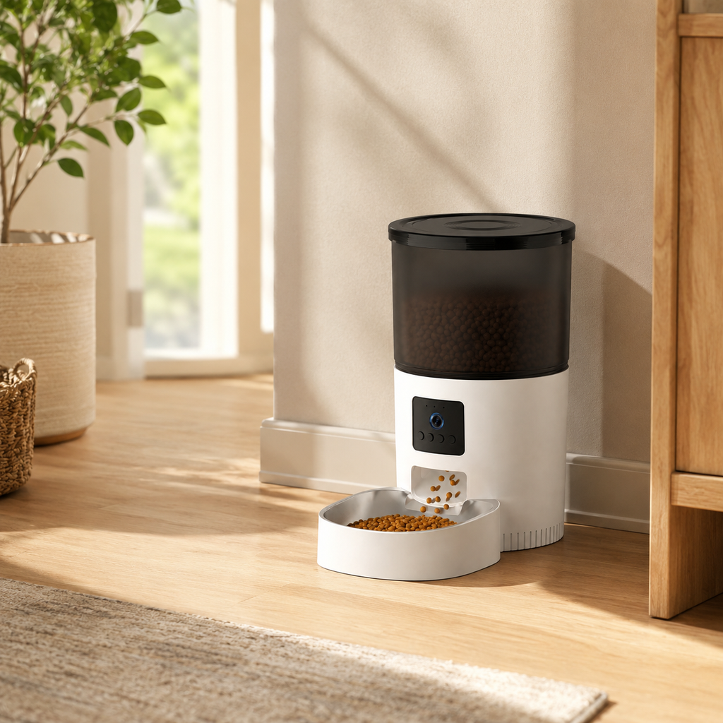 Distributeur de croquettes compact installé au pied d’un meuble en bois
