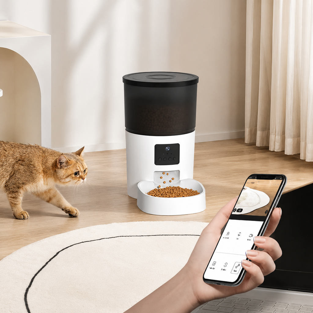 Pilotage du distributeur depuis l’application mobile pendant que le chat s’approche