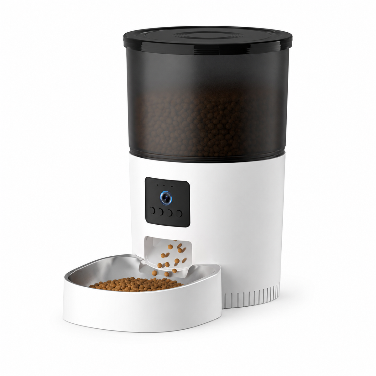 Distributeur automatique de croquettes compact avec sa gamelle en acier inoxydable