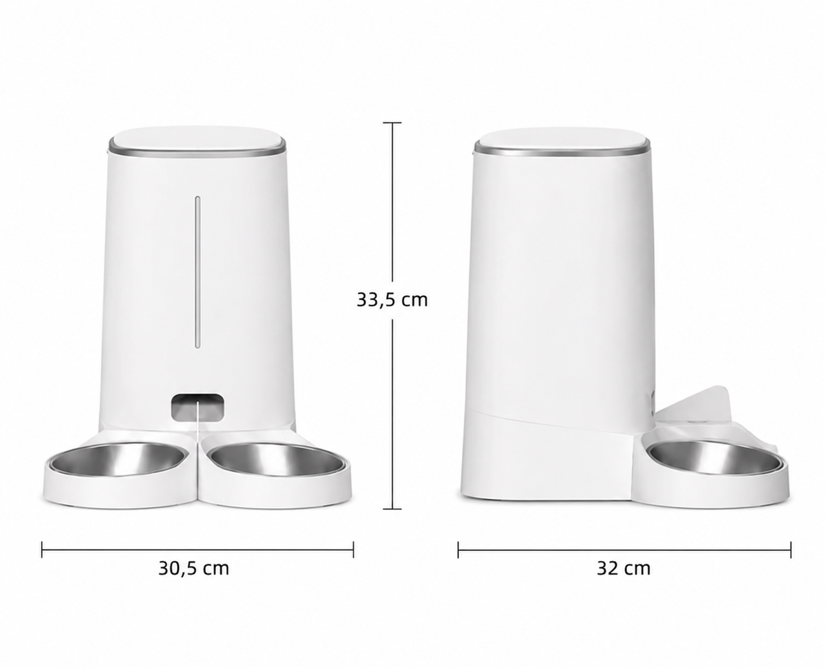 Dimensions du distributeur double gamelle : 33,5 cm de haut et 30,5 cm de large