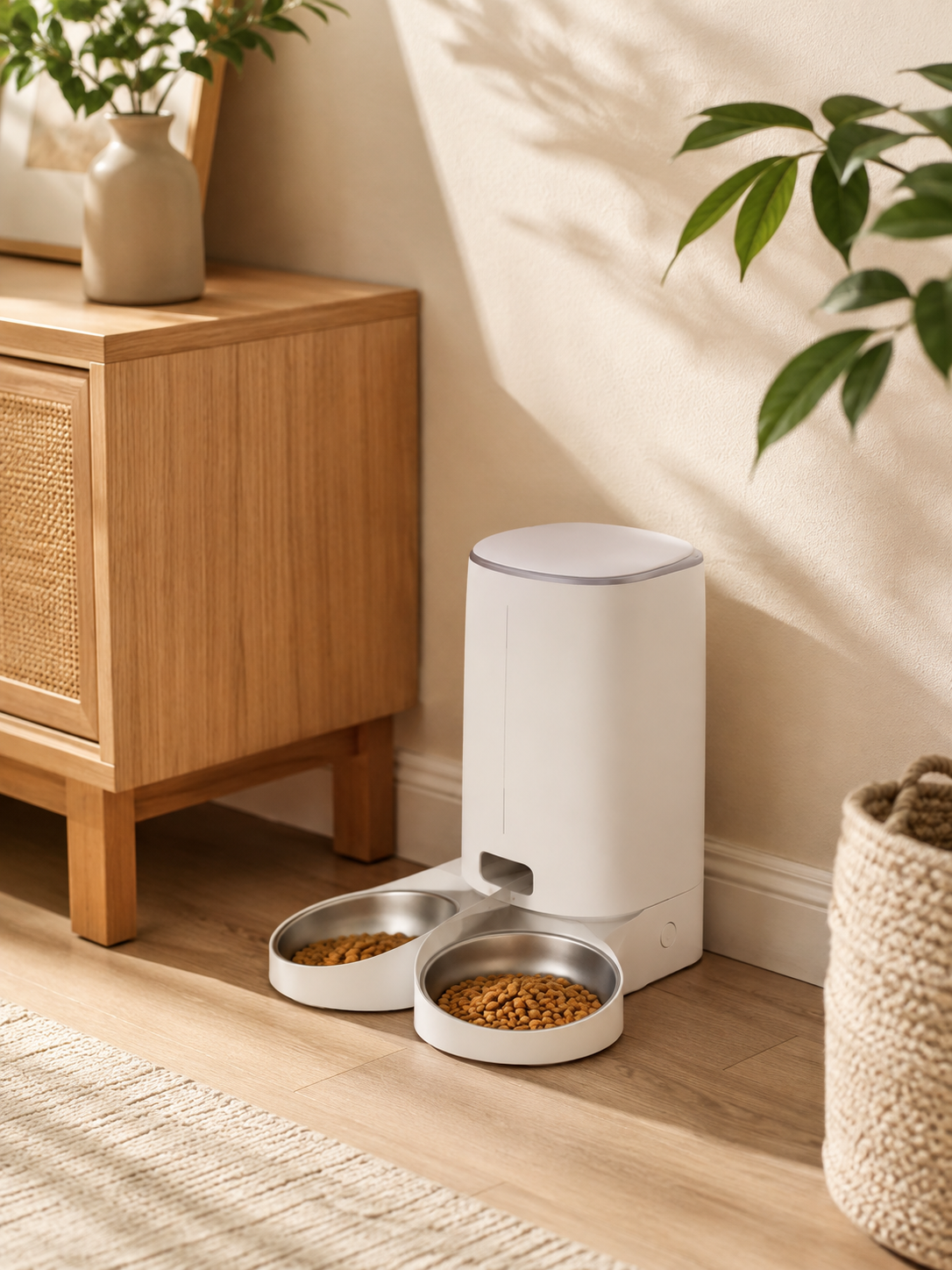 Distributeur à double gamelle installé près d’un meuble en bois