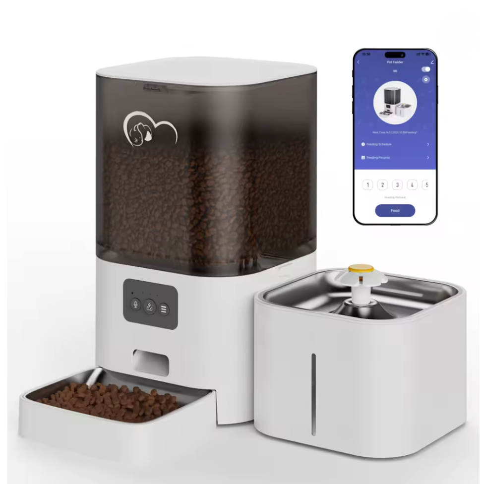 Distributeur et fontaine en coloris blanc présentés avec l’écran de l’application