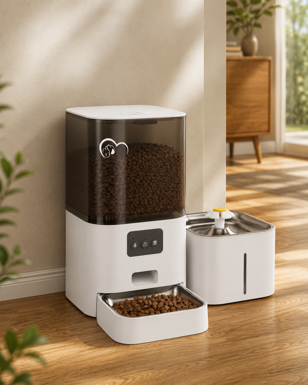 Distributeur de croquettes et fontaine en coloris blanc installés dans un séjour