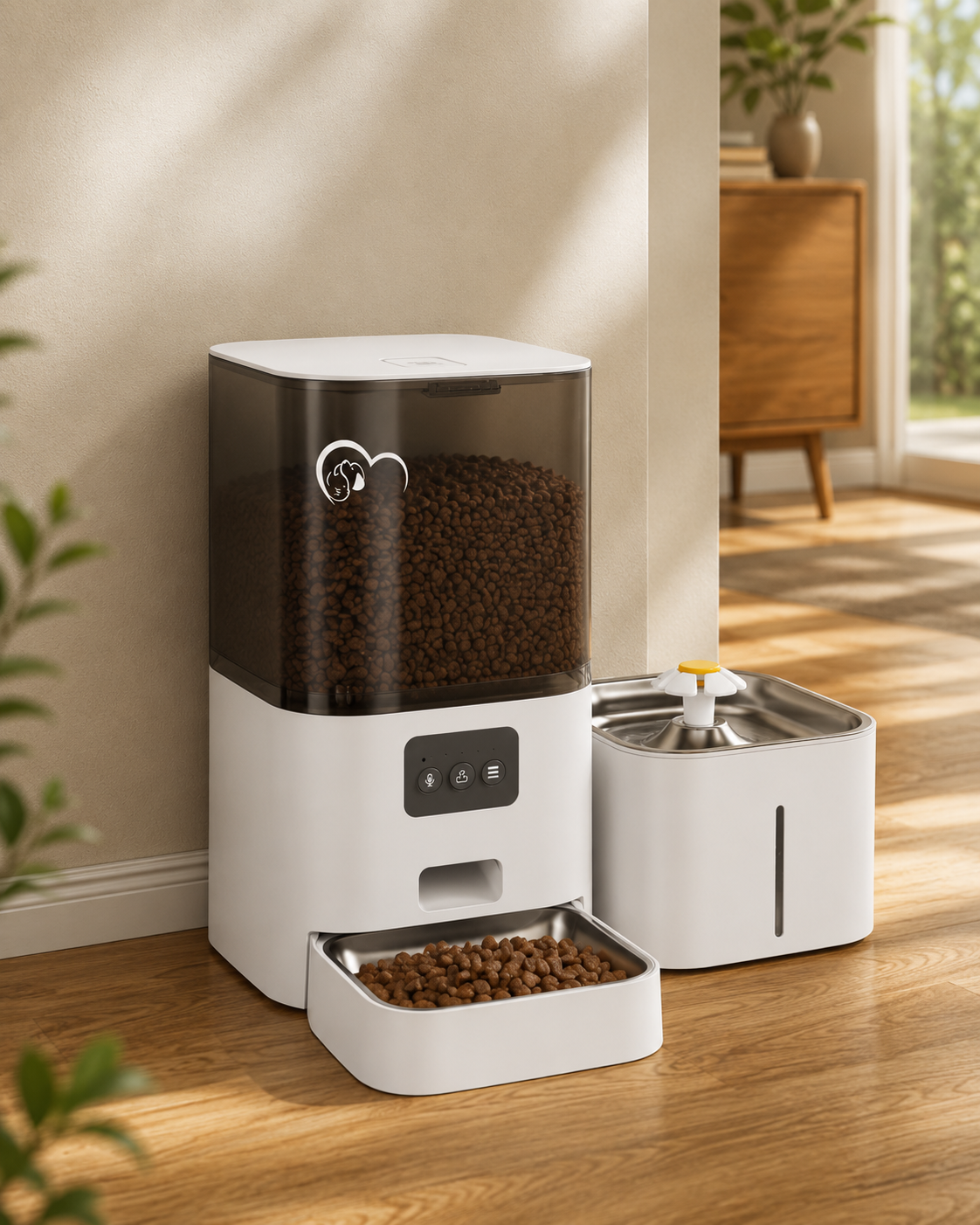 Distributeur de croquettes et fontaine en coloris blanc installés dans un séjour