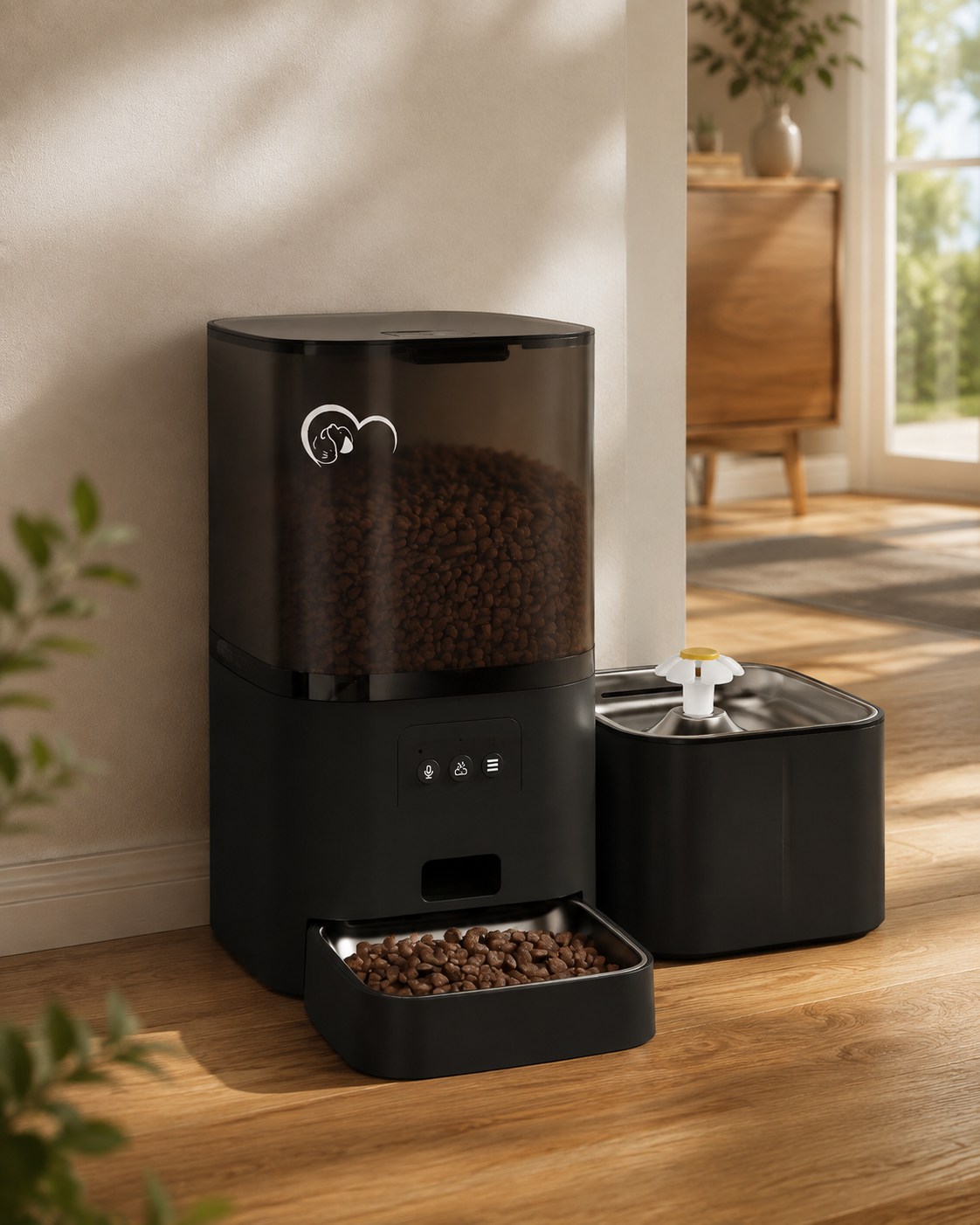 Distributeur de croquettes et fontaine en coloris noir installés dans un séjour