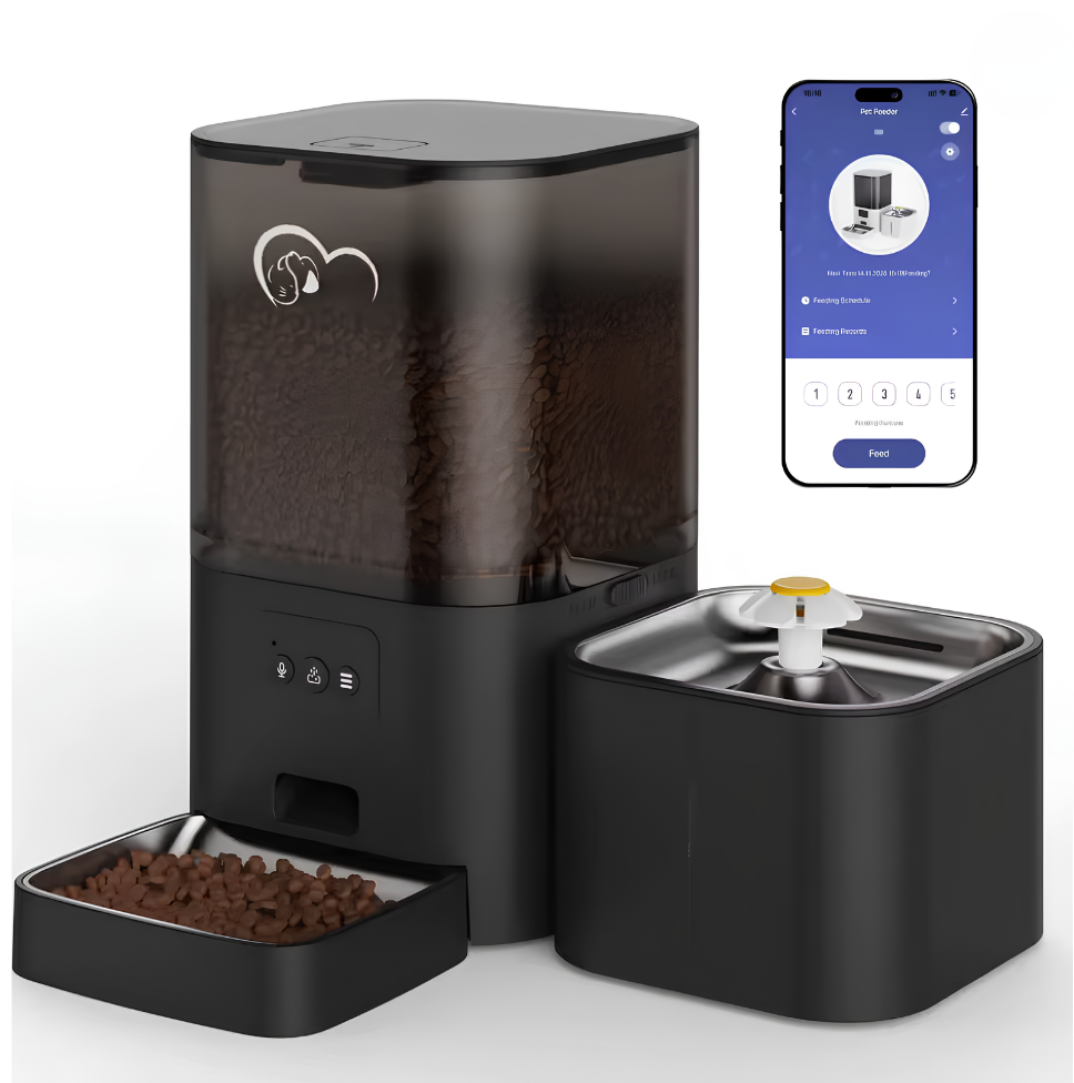 Distributeur de croquettes et fontaine à eau en coloris noir, avec l’application mobile