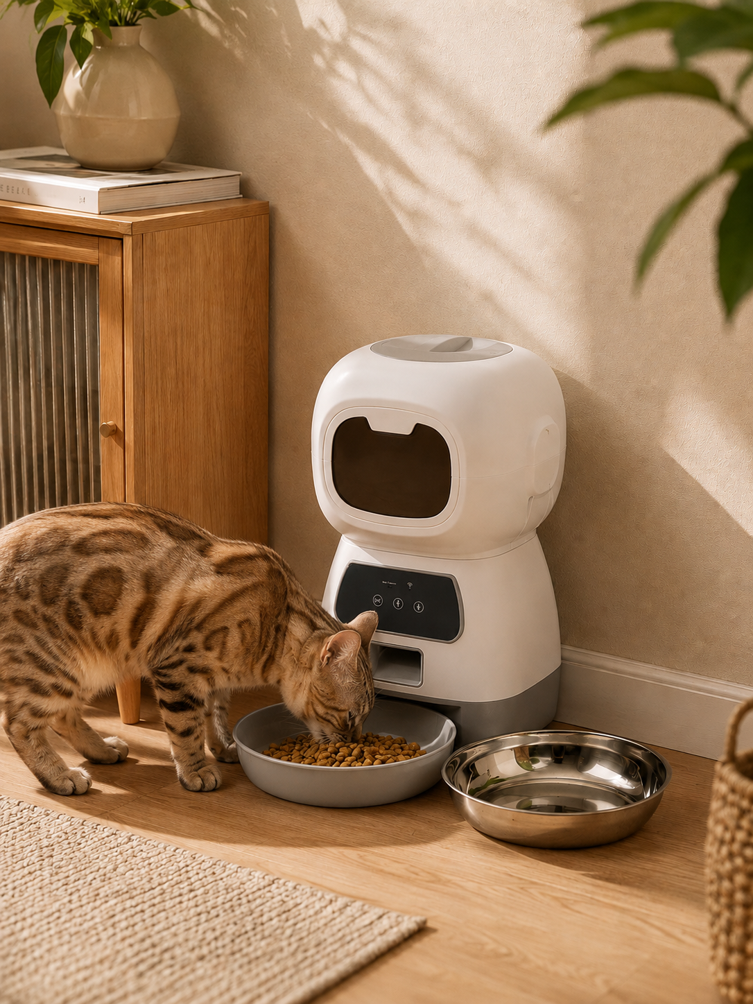 Chat mangeant les croquettes distribuées dans la gamelle en inox