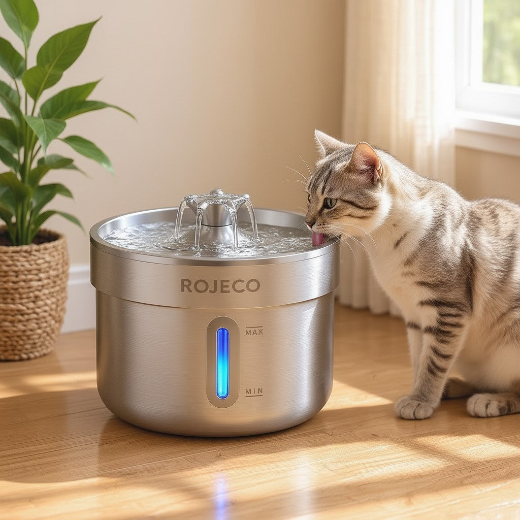 Chat buvant à la fontaine à eau pour chat en acier inoxydable