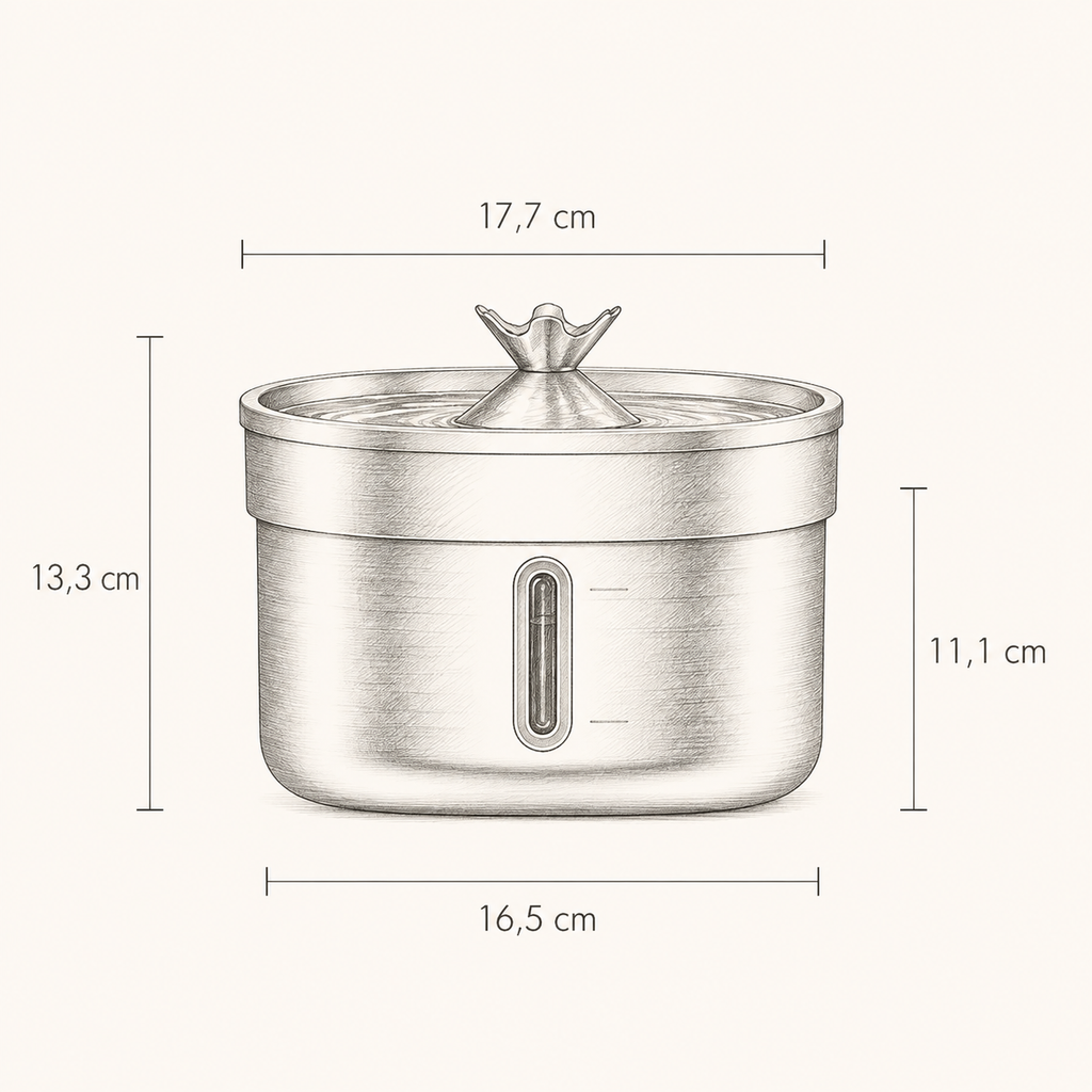 Dimensions de la fontaine en inox : 17,7 cm de large et 13,3 cm de haut