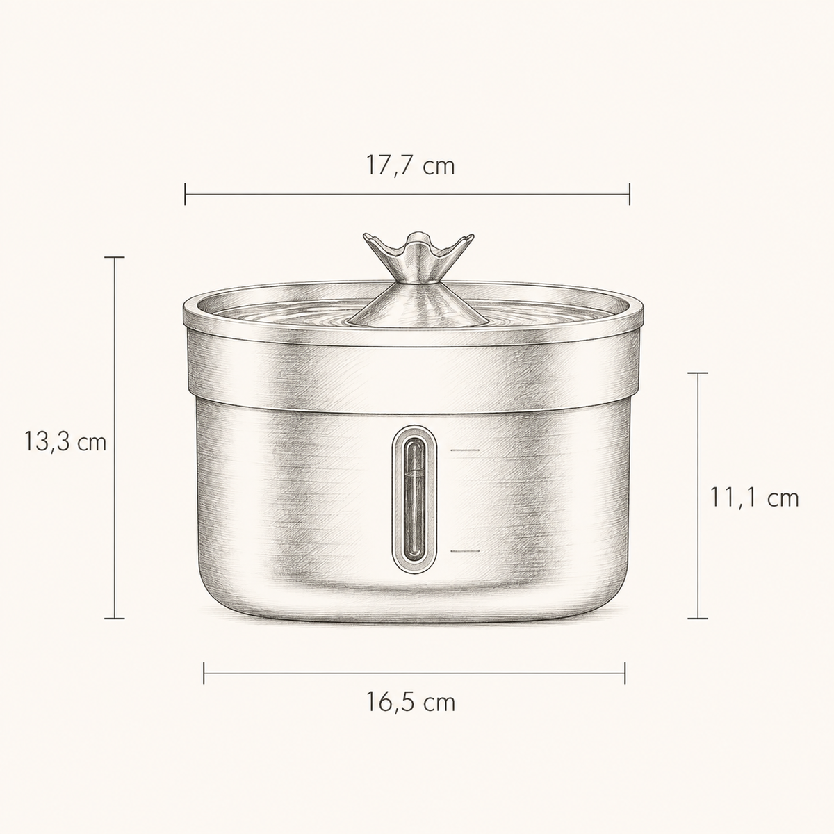 Dimensions de la fontaine en inox : 17,7 cm de large et 13,3 cm de haut
