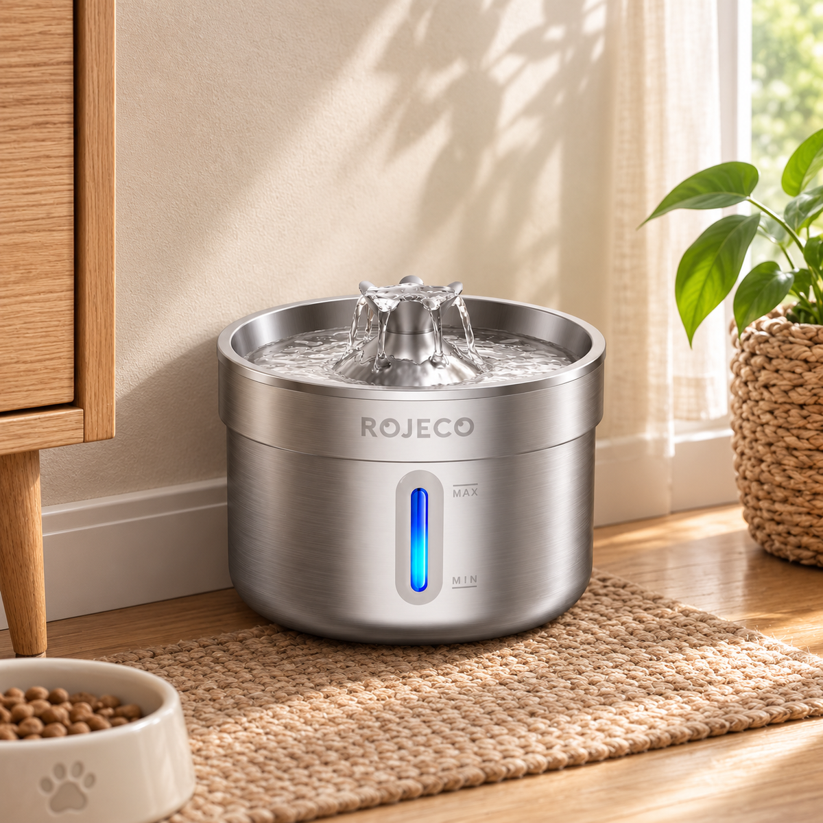 Fontaine à eau en inox posée sur un tapis à côté d’une gamelle de croquettes