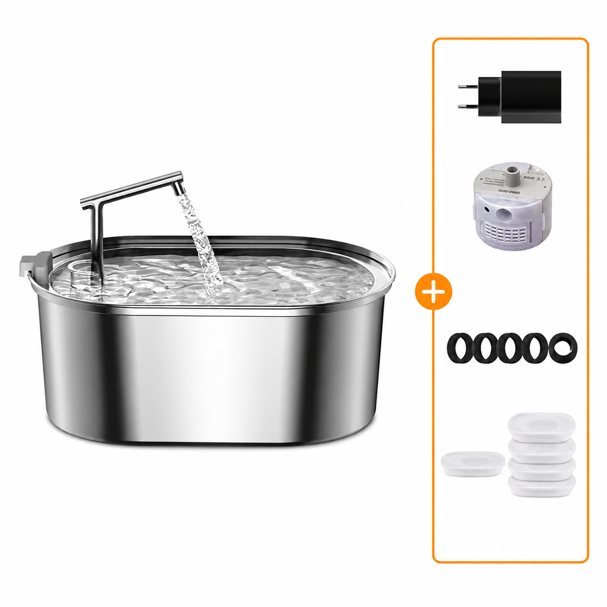 Accessoires fournis avec la fontaine : adaptateur, pompe, joints et filtres
