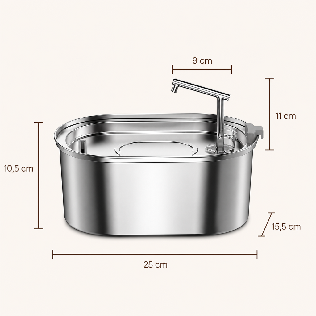 Dimensions de la fontaine : 25 cm de long, 15,5 cm de profondeur et 10,5 cm de haut