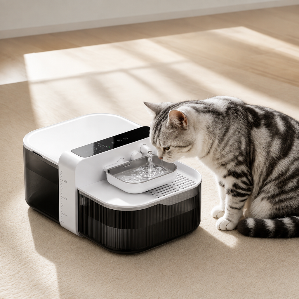 Chat buvant dans le bol en inox de la fontaine à eau sans fil
