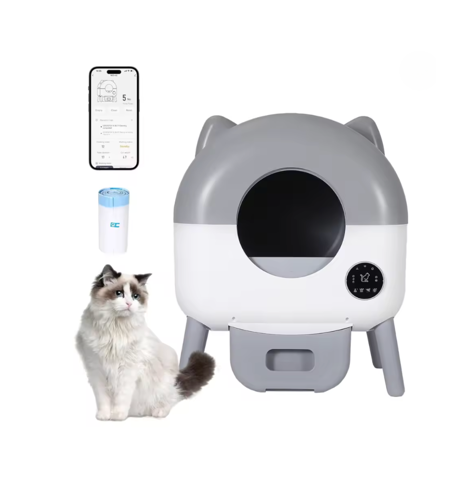 Litière automatique autonettoyante en gris clair, avec l’application mobile et un chat