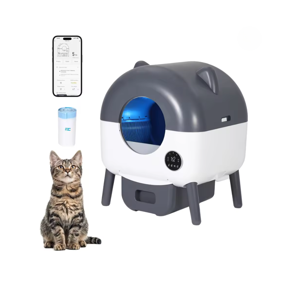 Litière automatique autonettoyante en gris foncé avec son éclairage intérieur bleu