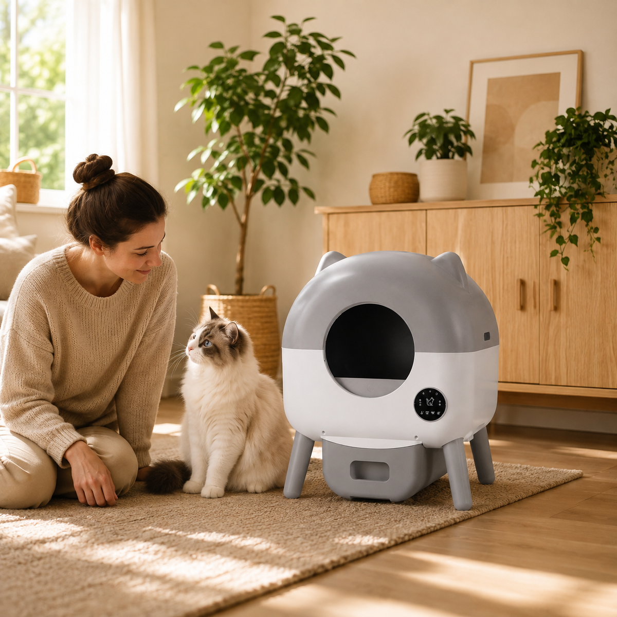 Litière automatique gris clair installée dans un salon avec sa propriétaire et son chat