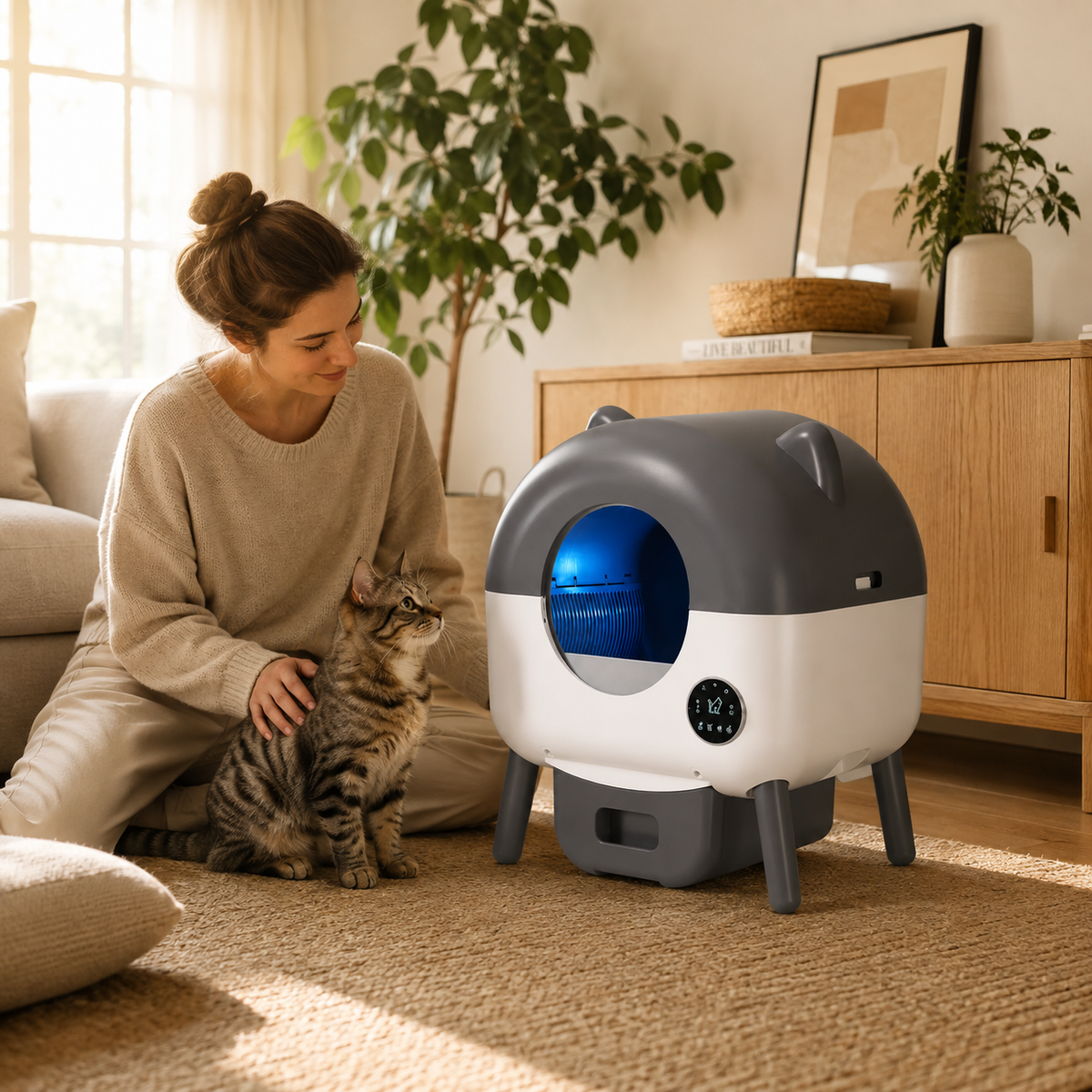 Litière automatique gris foncé dans un salon avec sa propriétaire et son chat