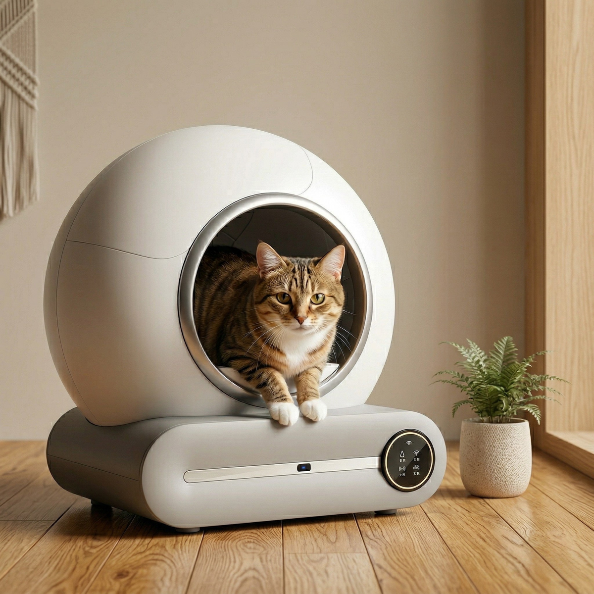 Chat tigré installé à l’intérieur de la litière automatique connectée