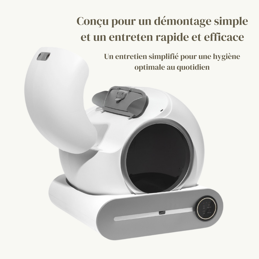 Litière automatique connectée démontée pour accéder aux parties à nettoyer