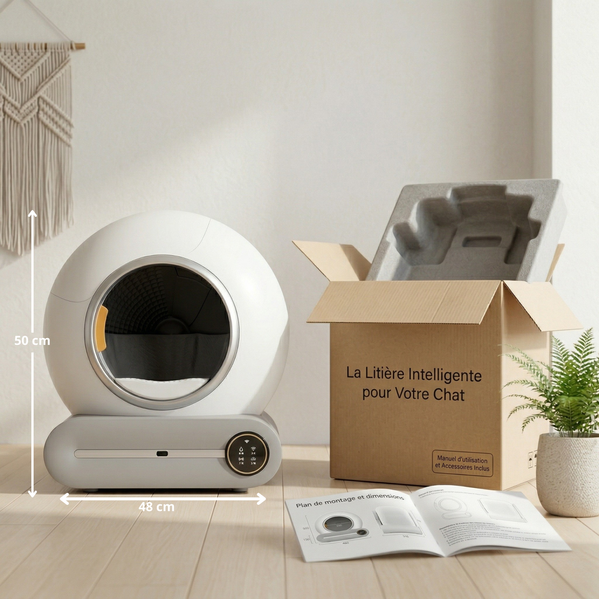 Litière automatique connectée avec son emballage et ses dimensions de 50 sur 48 cm