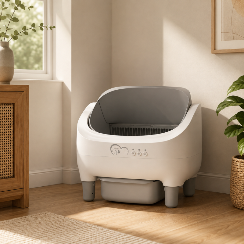 Litière automatique semi-fermée installée dans un coin de pièce