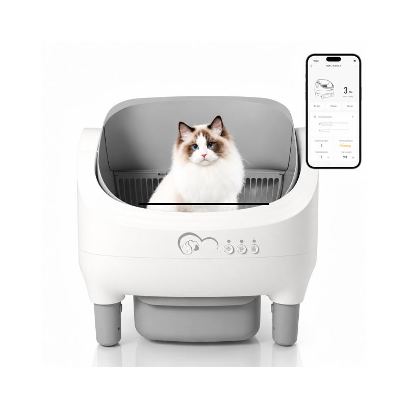 Litière automatique semi-fermée avec un chat installé à l’intérieur
