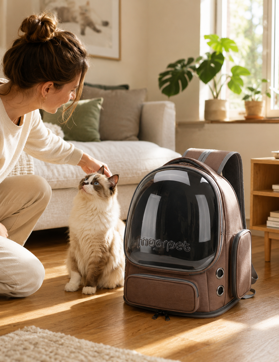 Sac à dos posé au sol dans un salon pendant qu’un chat s’en approche