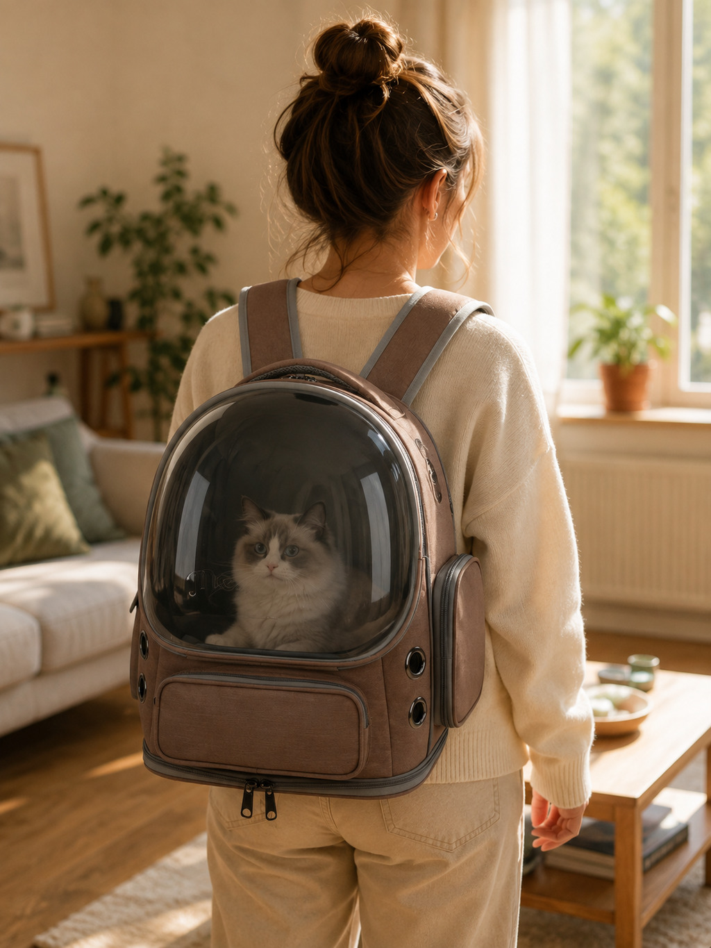 Femme portant le sac à dos avec son chat installé derrière le hublot transparent