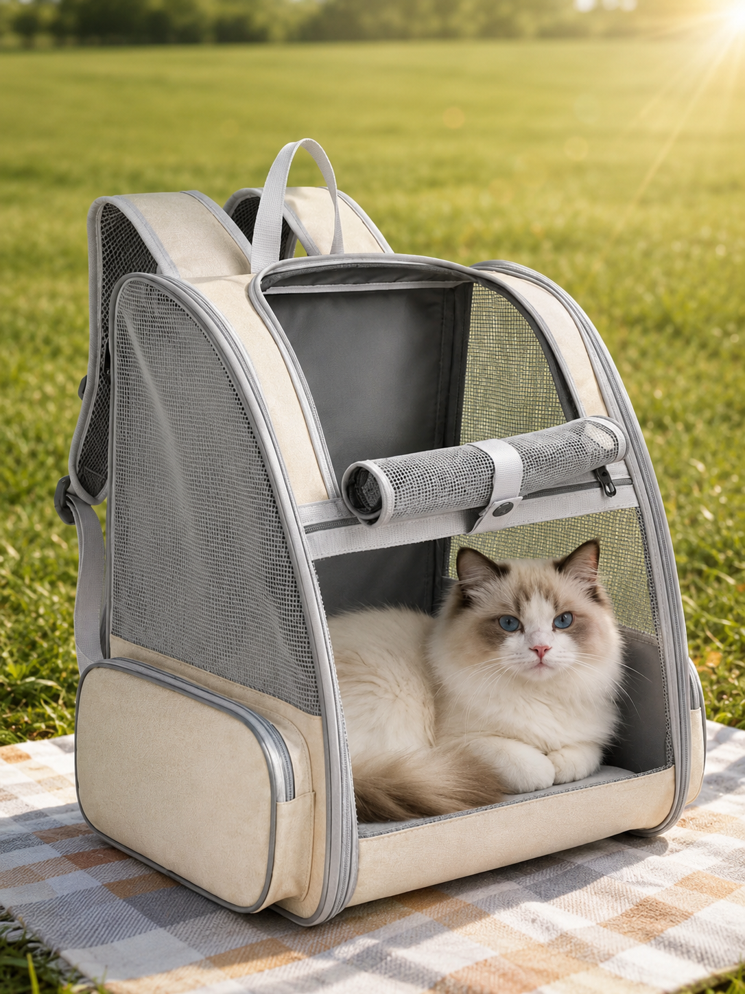 Chat installé dans le sac à dos respirant posé sur l’herbe