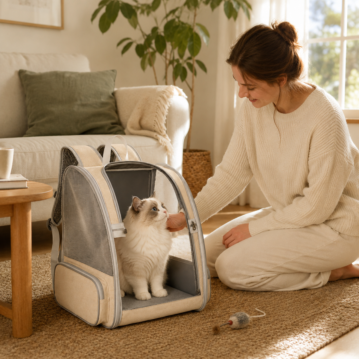 Chat sortant du sac à dos respirant ouvert dans un salon