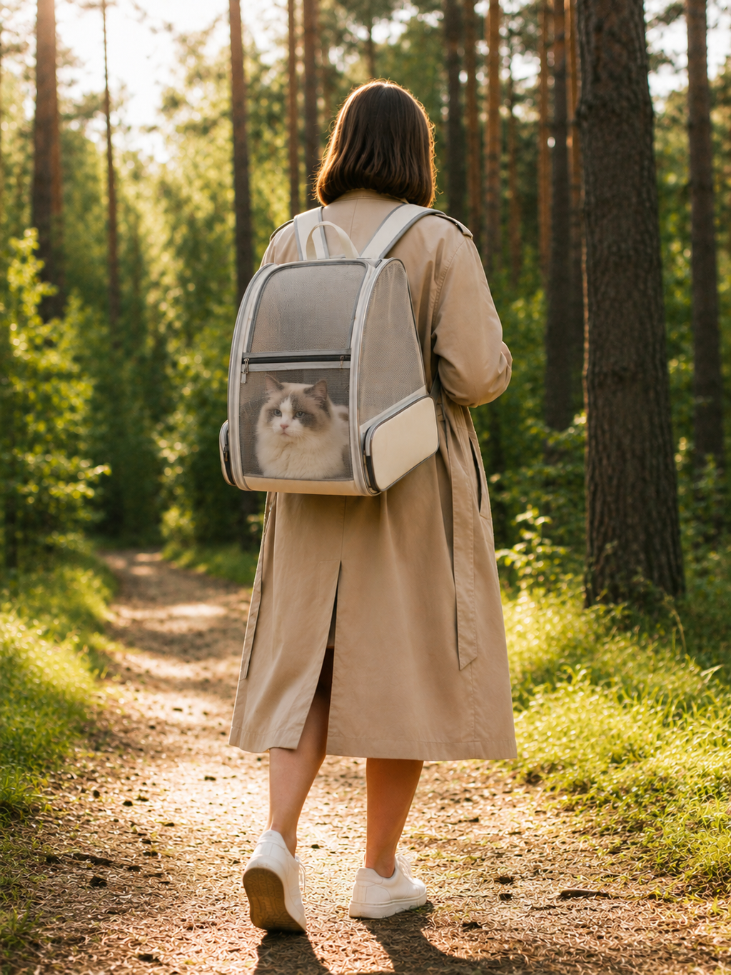 Femme portant le sac à dos respirant avec son chat sur un chemin en forêt