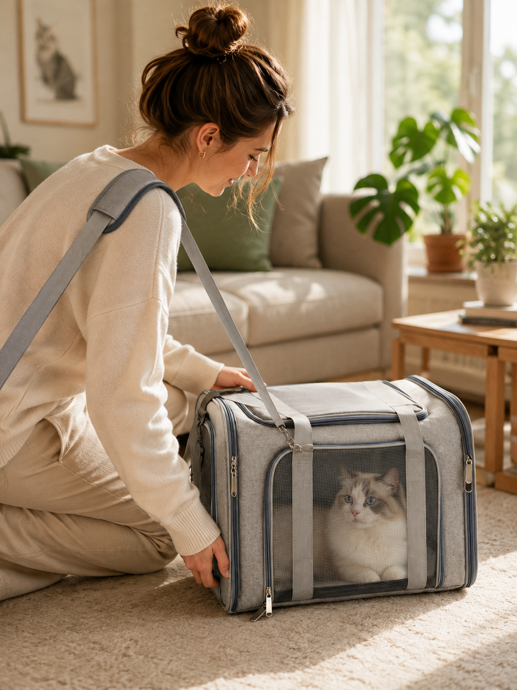 Sac de transport souple posé au sol avec un chat installé à l’intérieur