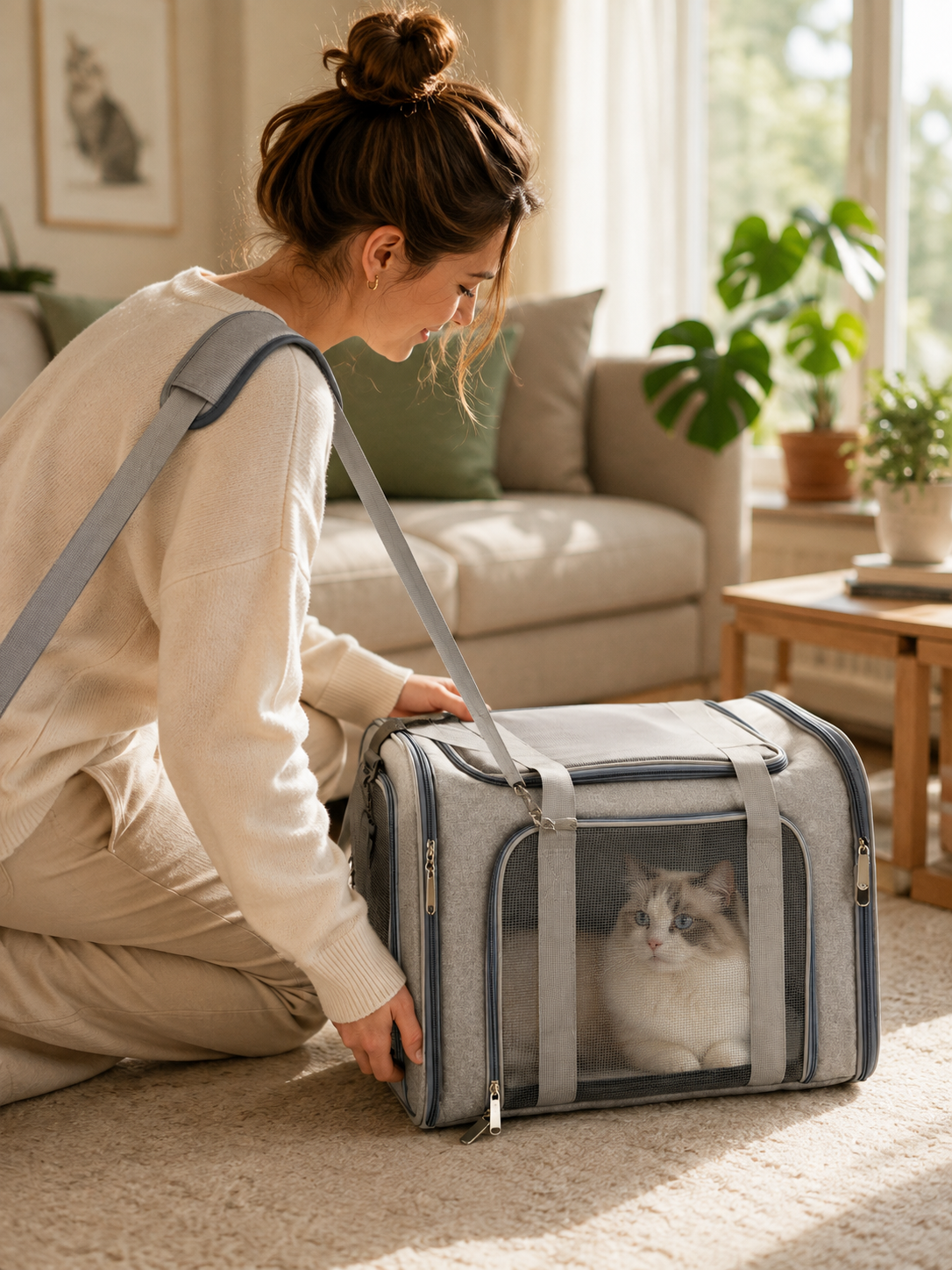 Sac de transport souple posé au sol avec un chat installé à l’intérieur