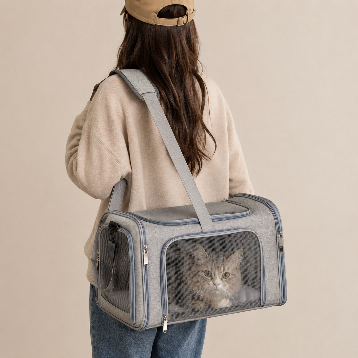 Sac de transport souple porté en bandoulière avec un chat à l’intérieur